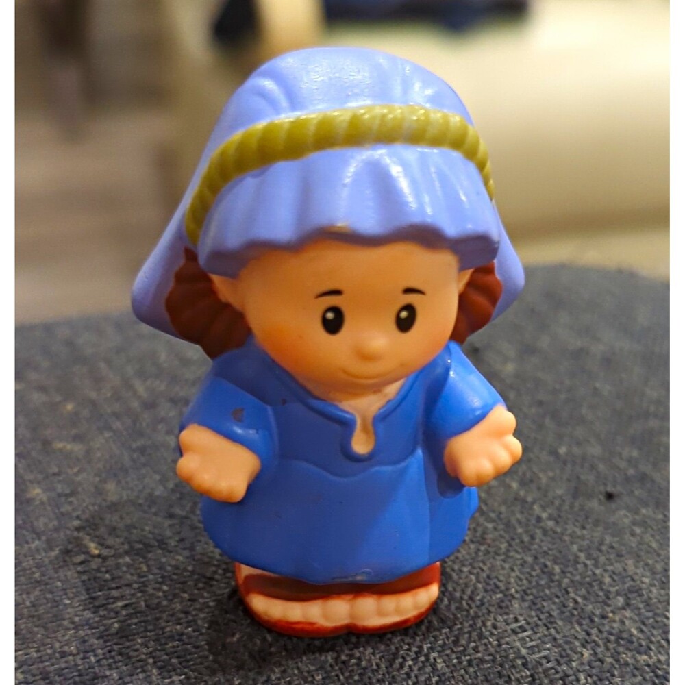 Little People Girl Figure Blue Dress/Outfit w/ Purple Bonnet Hood Headscarf